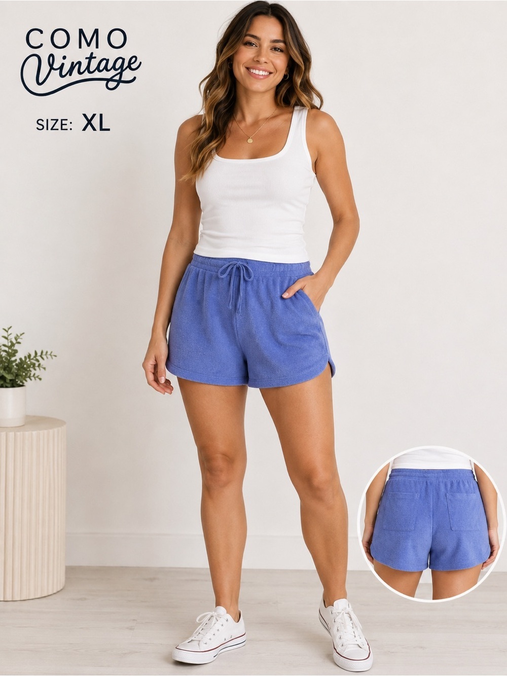 COMO Vintage Women’s Blue Terry Cloth Drawstring Shorts Size XL coastal summer